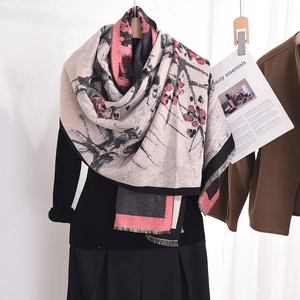 Winter faux cashmere scarf with vintage plum blossom print and elegant tassel fringe