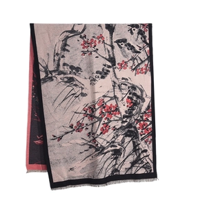Winter vintage style pashmina shawl with plum blossom print and fringe tassels