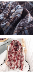 Close-up of thick plaid cashmere scarf texture and detailed English style fringes