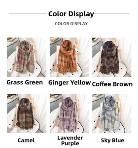 Collage showing plaid tassel scarves in six colors including grass green and ginger yellow