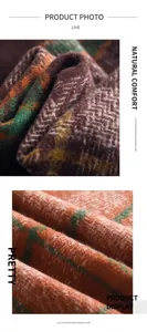 Detailed macro view of retro plaid scarf with herringbone weave and multicolor tassels