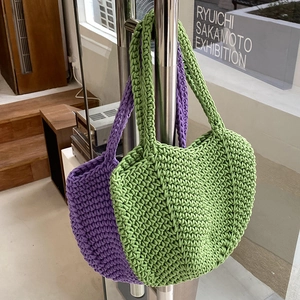 Handmade woven tote bags in green and purple colors with large capacity and shoulder straps