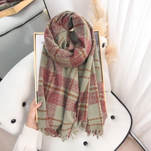 Women Fashion Plaid Scarf Soft Warm Imitation Cashmere Tassel Shawl Retro Thick Cross Grid Wrap For Autumn Winter Accessories