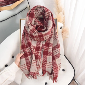 Classic red and grey plaid cashmere-feel scarf with thick tassels for winter warmth