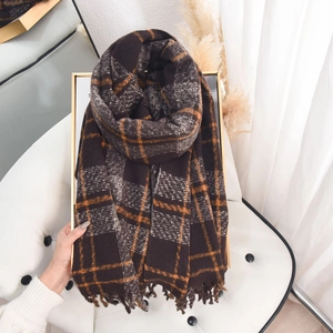 Classic dark brown and orange checkered fringe scarf for women with soft cashmere-like texture