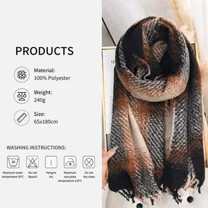 Écharpe à carreaux rétro en faux cachemire marron et camel avec franges pour l'hiver