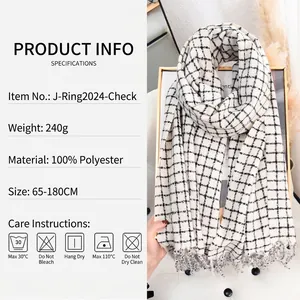 Classic black and white checkered plaid scarf made of soft faux cashmere polyester