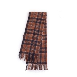 Classic brown and black plaid cashmere-like scarf with fringe details for autumn and winter