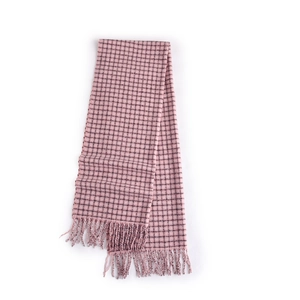 Classic pink and black plaid cashmere-feel scarf with fringe tassels on white background