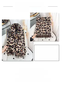 Close-up of leopard print scarf fabric showing soft cashmere texture and fringe detail