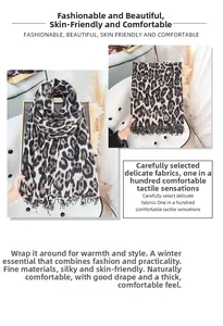 Detailed view of leopard print scarf featuring soft faux cashmere and tassel edges
