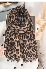 Detailed view of leopard print scarf with soft cashmere-like texture and tassel edges