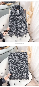 Macro detail of imitation cashmere leopard print scarf with soft fringe and grey texture