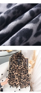 Macro view of leopard print scarf texture and soft knit fabric with fringe detail