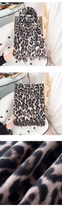 Close-up of leopard print cashmere scarf showing soft texture and fringe details