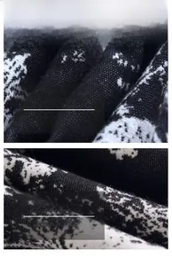 Close-up of black and white geometric floral knit texture with soft cashmere-like finish
