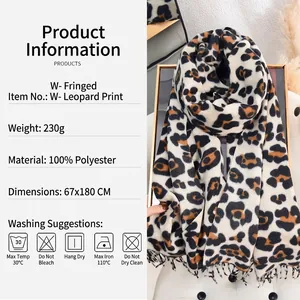 Classic leopard print cashmere-like scarf for women with tassels and soft thick texture