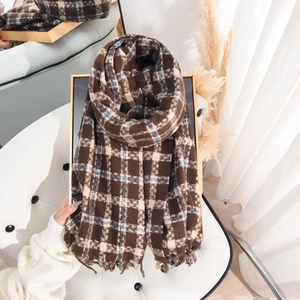 Thick plaid knit scarf with fringes in coffee and beige colors for winter warmth