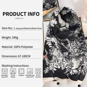 Elegant floral jacquard thick scarf in black and white knit for winter warmth