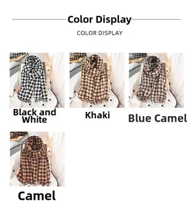 Detailed view of houndstooth scarf patterns in black, khaki, camel, and green-camel colors