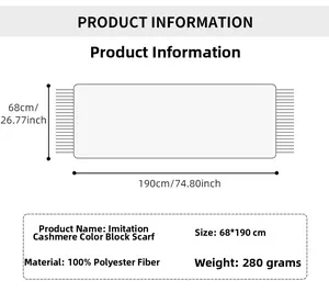 Detailed size guide for 68x190cm color block imitation cashmere scarf with 280g weight