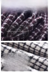 Macro texture of red plaid and houndstooth cashmere-like fabric showing thick knitting detail