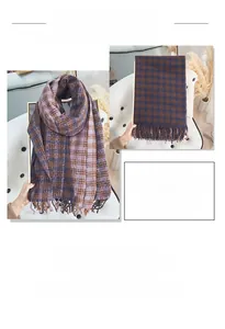 Detail view of plaid cashmere scarf featuring thick knit texture and long tassel fringe