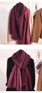 Detail view of purple waffle knit scarf texture showing soft fabric and fringed edges