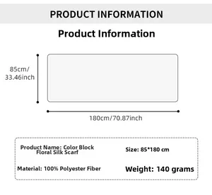 Detailed sizing chart for floral polyester scarf with 85x180cm dimensions and 140g weight