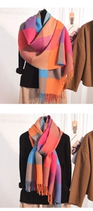 Détail d'une écharpe en maille à carreaux multicolores avec texture épaisse et longs franges