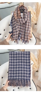 Detail of plaid imitation cashmere scarf with soft fringes and retro checkered texture