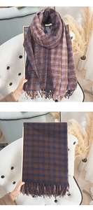 Detailed view of the purple and brown plaid pattern and long fringe on this warm scarf