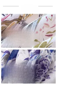 Close-up detail of high-density pastoral floral print on breathable linen-like fabric