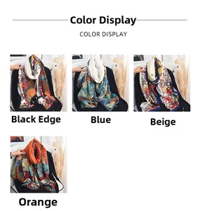 Color display of four vintage floral silk scarves in black, blue, beige, and orange