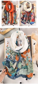 Detailed view of floral print lightweight scarves in vibrant red and green colors