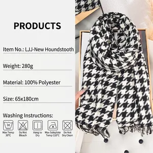 Classic black and white houndstooth scarf with fringe, 100% polyester soft neck wrap