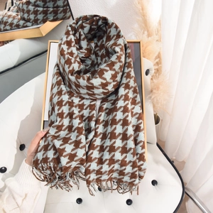 Houndstooth cashmere-feel scarf with fringe, brown and blue winter warmth accessory