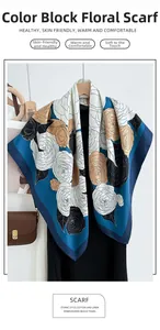 Detail of color-block floral silk scarf featuring navy borders and soft camellia prints