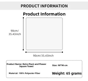 Detailed size chart for the floral square scarf showing 90x90cm dimensions and polyester material