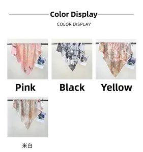 Detailansicht von vier geblümten Halstüchern in Pink, Schwarz, Gelb und Beige