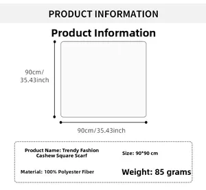 Size chart for 90cm paisley scarf showing 100% polyester fabric and 85g weight info