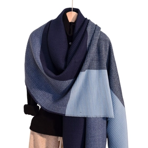 Faux cashmere shawl with color-block design and pleated texture in blue and grey tones