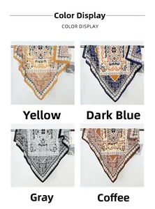 Detailed grid of 90cm paisley square scarves in yellow, navy, grey, and brown tones