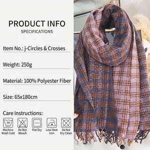Retro purple and blue plaid scarf in soft cashmere-like polyester with tassel trim