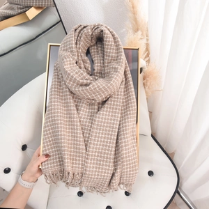 Thick faux cashmere plaid scarf with tassels in brown and beige for autumn and winter warmth
