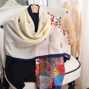 Floral Print Scarf Women Polyester Lightweight Breathable Fashion Shawl Elegant Contrast Border Casual Vintage Wraps