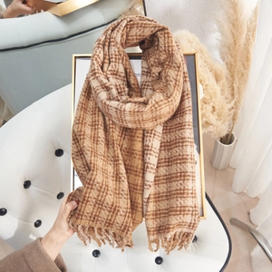 Classic brown plaid cashmere-like scarf with fringe detail for autumn and winter warmth