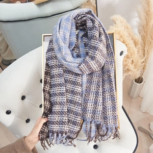 Thick checkered scarf in coffee and blue with soft tassels and warm autumn aesthetic