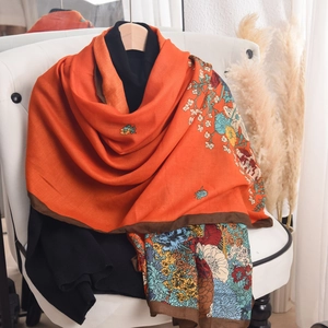 Elegant orange floral printed shawl with embroidery and vintage pattern design