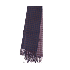Double-sided plaid cashmere-like scarf with fringe in dark blue and brown tones